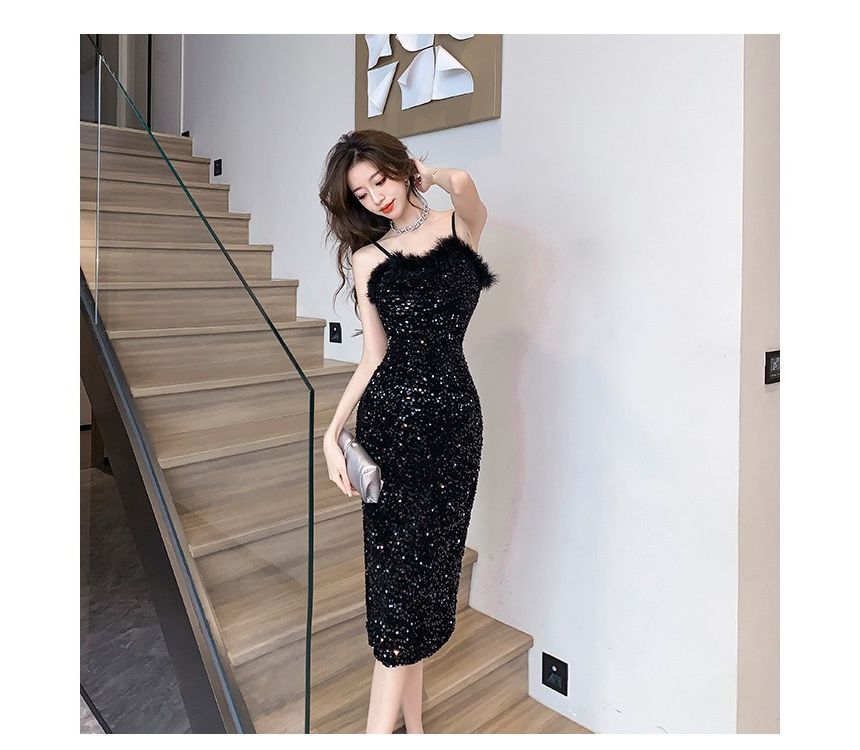 Spaghetti Strap Sequin Fluffy Trim Bodycon Cocktail Dress