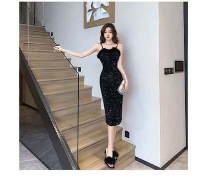 Spaghetti Strap Sequin Fluffy Trim Bodycon Cocktail Dress