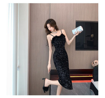 Spaghetti Strap Sequin Fluffy Trim Bodycon Cocktail Dress