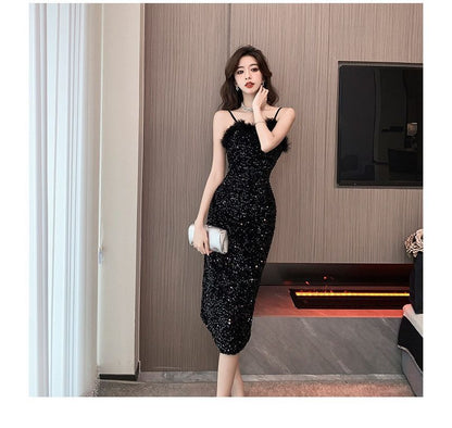 Spaghetti Strap Sequin Fluffy Trim Bodycon Cocktail Dress