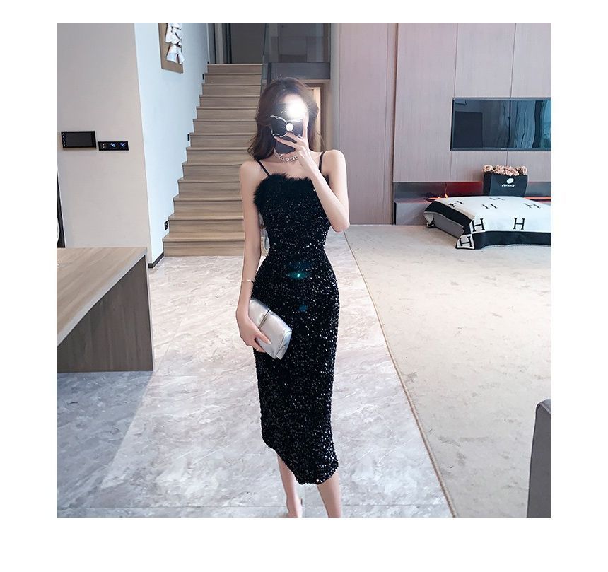 Spaghetti Strap Sequin Fluffy Trim Bodycon Cocktail Dress