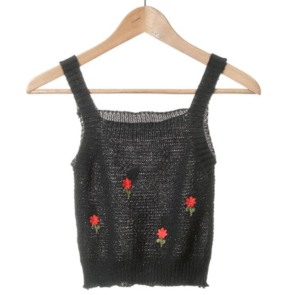 Embroidered + Floral Knit Top Tank Cardigan Neck Crop Set: Square