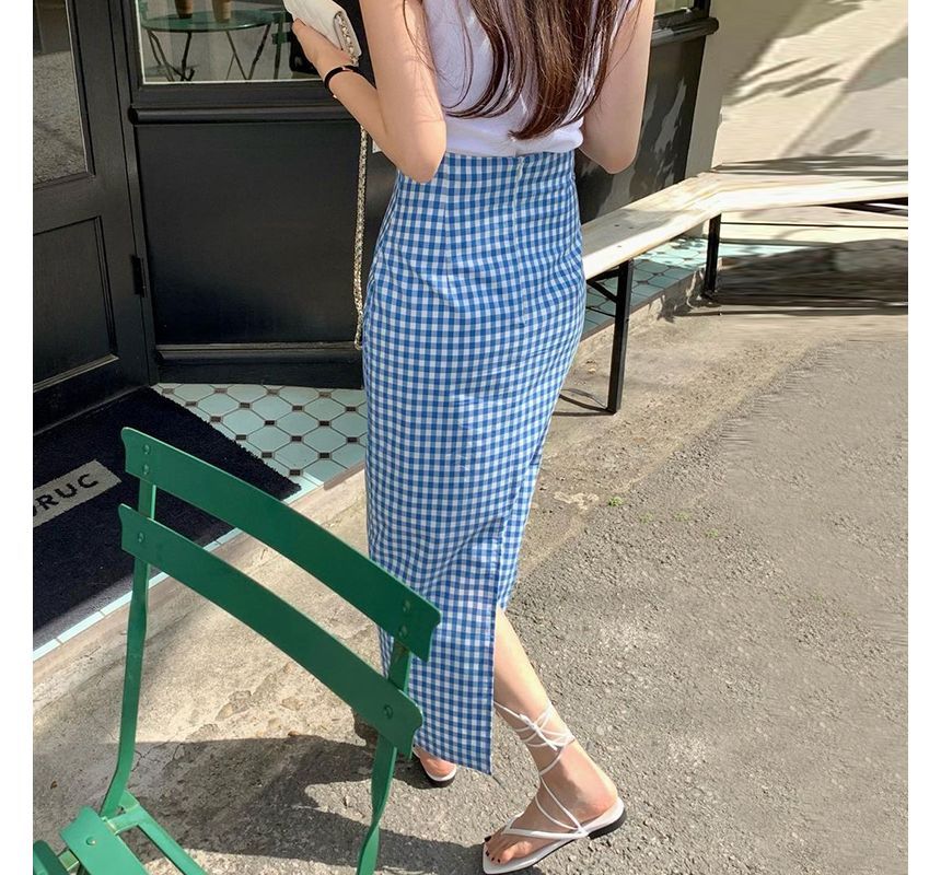 High Waist Gingham Midi Pencil Skirt