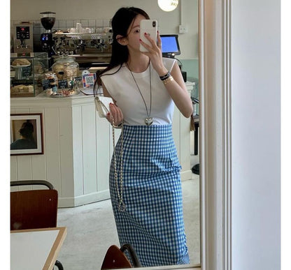 High Waist Gingham Midi Pencil Skirt