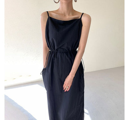 Spaghetti Strap Plain Drawstring Maxi Sundress