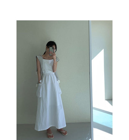 Spaghetti Strap Plain Drawstring Maxi Sundress