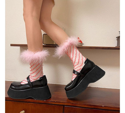 Striped Fluffy Trim Socks