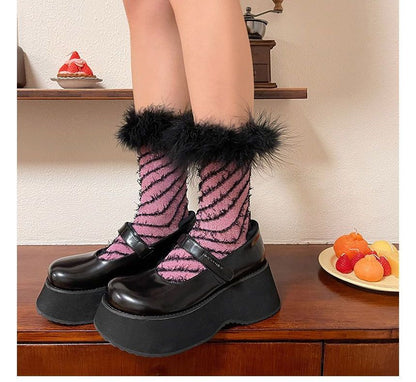 Striped Fluffy Trim Socks