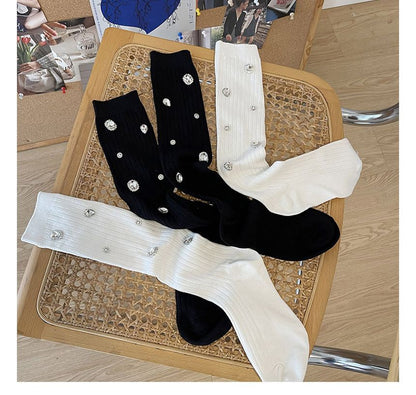 Plain Rhinestone Ribbed Socks