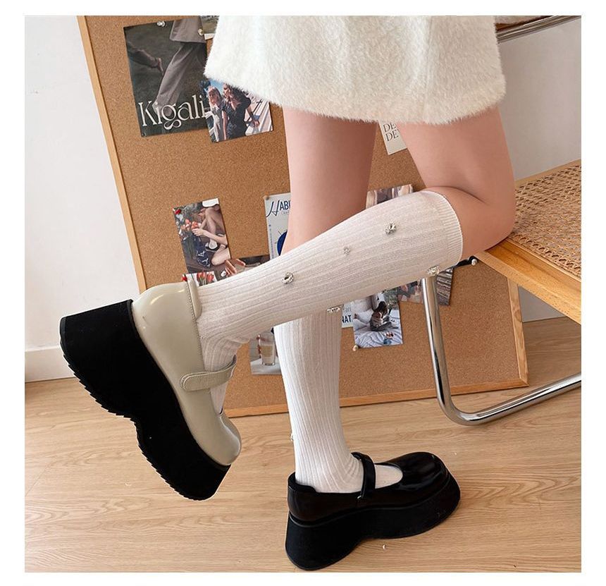 Plain Rhinestone Ribbed Socks