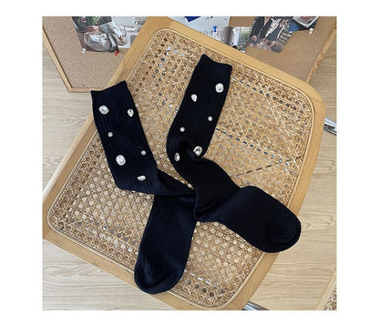 Plain Rhinestone Ribbed Socks