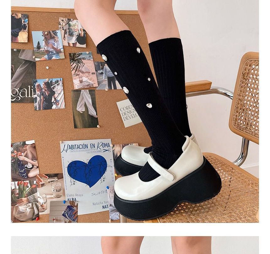 Plain Rhinestone Ribbed Socks