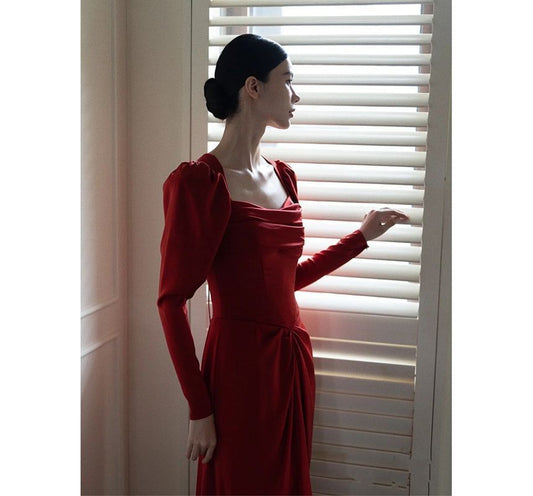 Puff-Sleeve Square Neck Plain Sheath Wedding Gown