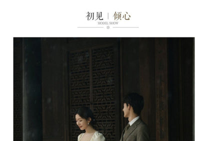 Puff-Sleeve Square Neck Plain Sheath Wedding Gown