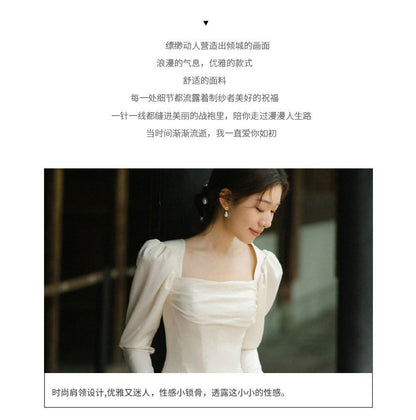 Puff-Sleeve Square Neck Plain Sheath Wedding Gown