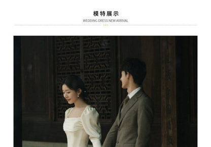 Puff-Sleeve Square Neck Plain Sheath Wedding Gown