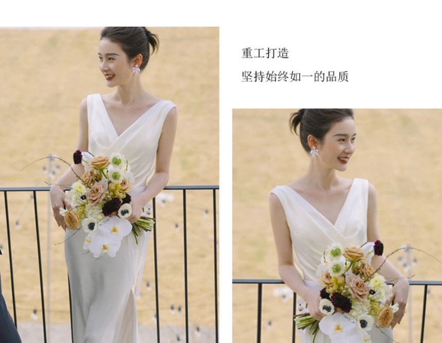 Sleeveless V-Neck Plain Side-Slit Trumpet Wedding Gown