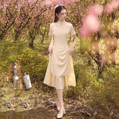 Short-Sleeve Plain Midi A-Line Qipao