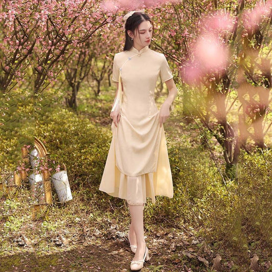 Short-Sleeve Plain Midi A-Line Qipao