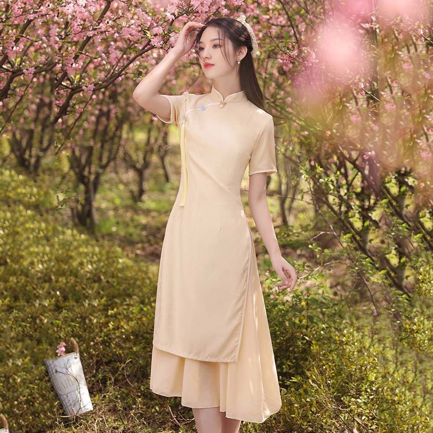 Short-Sleeve Plain Midi A-Line Qipao