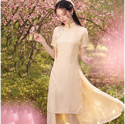 Short-Sleeve Plain Midi A-Line Qipao