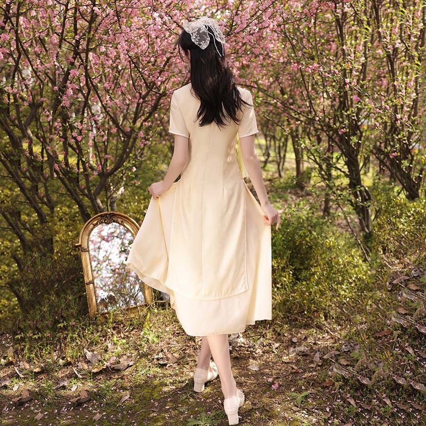 Short-Sleeve Plain Midi A-Line Qipao