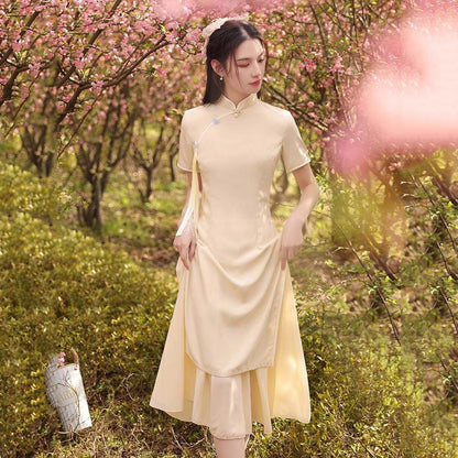 Short-Sleeve Plain Midi A-Line Qipao