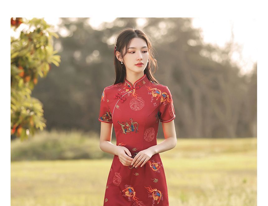 Short-Sleeve Dragon Print Qipao