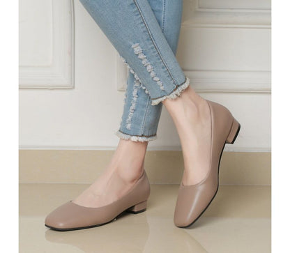 Block Heel Square Toe Plain Faux Leather Pumps