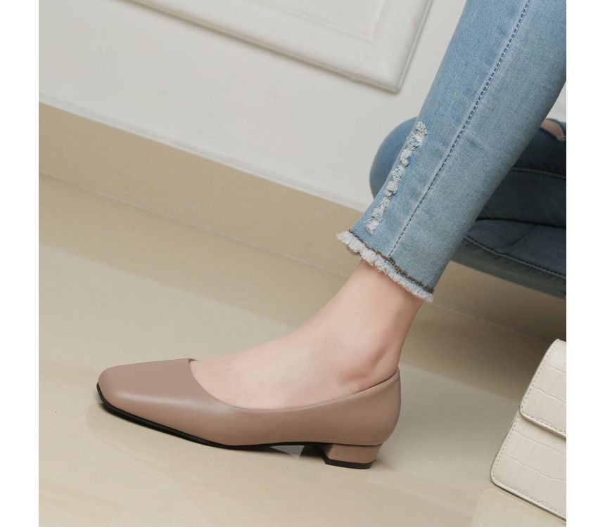 Block Heel Square Toe Plain Faux Leather Pumps