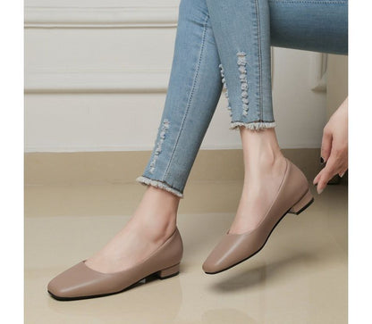 Block Heel Square Toe Plain Faux Leather Pumps
