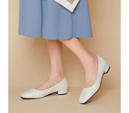 Block Heel Square Toe Plain Faux Leather Pumps