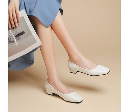 Block Heel Square Toe Plain Faux Leather Pumps