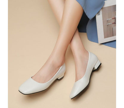 Block Heel Square Toe Plain Faux Leather Pumps