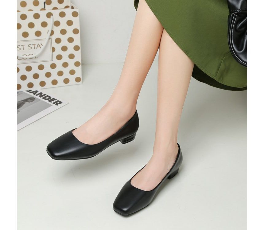 Block Heel Square Toe Plain Faux Leather Pumps