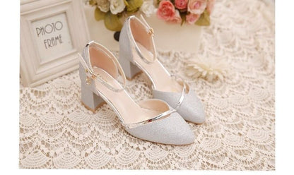 Block Heel Pointed Toe Ankle Strap Glitter D'Orsay Pumps