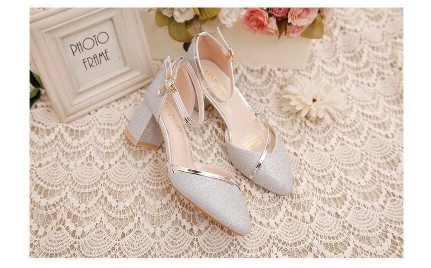 Block Heel Pointed Toe Ankle Strap Glitter D'Orsay Pumps