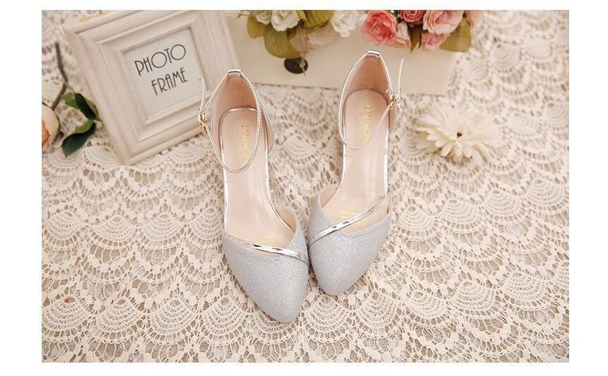 Block Heel Pointed Toe Ankle Strap Glitter D'Orsay Pumps