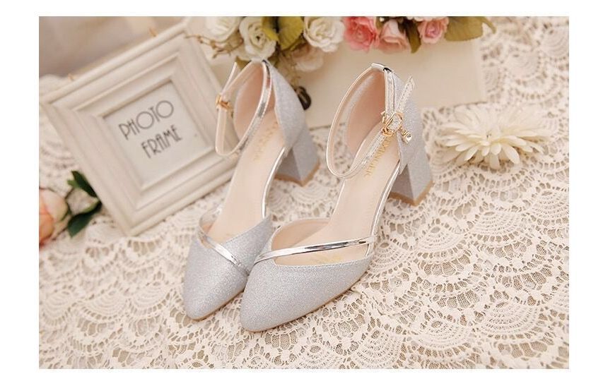 Block Heel Pointed Toe Ankle Strap Glitter D'Orsay Pumps