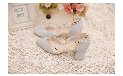 Block Heel Pointed Toe Ankle Strap Glitter D'Orsay Pumps