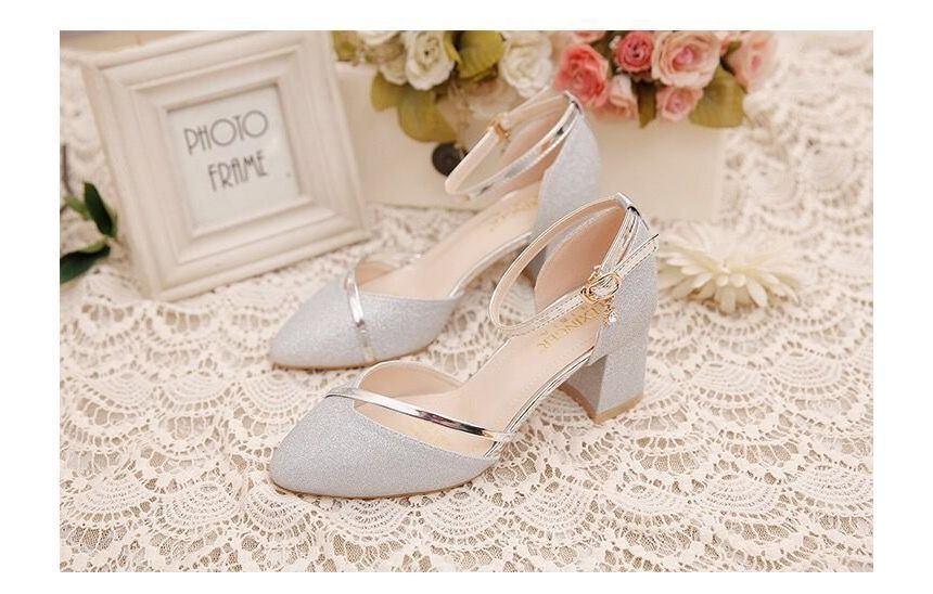 Block Heel Pointed Toe Ankle Strap Glitter D'Orsay Pumps