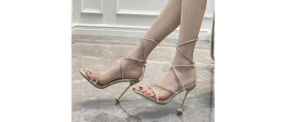 Kitten Heel Square Toe Rhinestone Buckled Gladiator Sandals