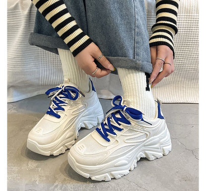 Platform Two Tone Mesh Panel Faux Leather Lace-Up Sneakers