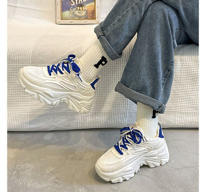 Platform Two Tone Mesh Panel Faux Leather Lace-Up Sneakers