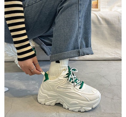 Platform Two Tone Mesh Panel Faux Leather Lace-Up Sneakers