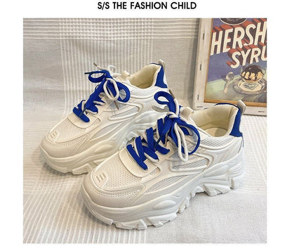 Platform Two Tone Mesh Panel Faux Leather Lace-Up Sneakers