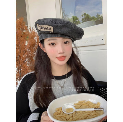 Embroidered Denim Lettering Hat Beret