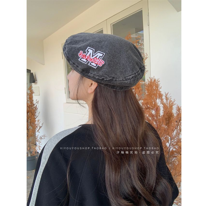 Embroidered Denim Lettering Hat Beret