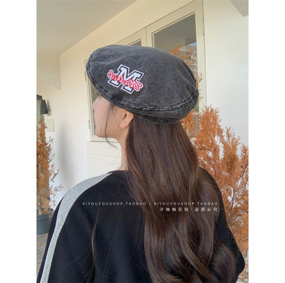 Embroidered Denim Lettering Hat Beret