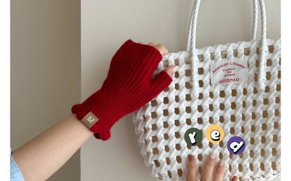 Lettering Fingerless Knit Gloves Applique